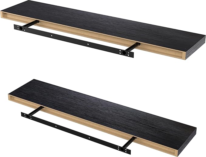 Lufia Floating Wall Shelves, Set of 2, MDF with Invisible Brackets, Modern Storage for Bedroom, Bathroom, Living Room, Kitchen (Black, 32" W x 7" D x 1.5" H)