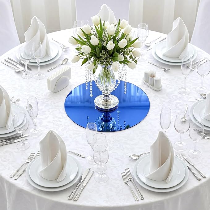 Thyle 12 Pcs 10 Inch Acrylic Round Mirrors for Tables Centerpieces Circle Mirrors Candle Plates for Wall Wedding Table Centerpieces for Baby Shower Party, Thickness 1 mm (Blue)
