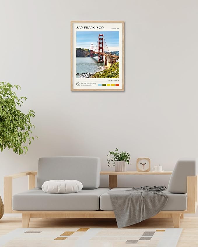 HesenDot Natural OAK Wood Golden Gate Bridge Framed Wall Art,12x16in San Francisco City Skyline Canvas Wall Print,Modern Urban Landmark Wall Decor for Living Room,Bedroom,Office Gallery Gifts Set of 1