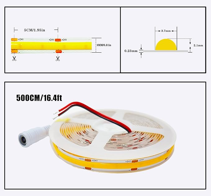 24V COB LED Strip Light Warm White 3000K IP20 Uniform Light Emitting 480LEDs/M 16.4FT/5M CRI90 Flexible Can be Cropped LED Light Strip Cabinet Home DIY Lighting Projects (Warm White 3000K)