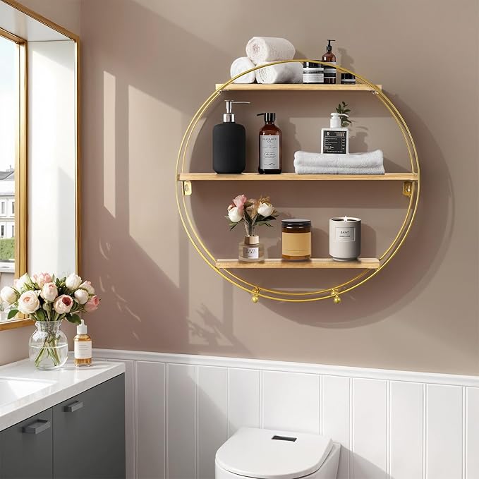 Joveco Round Wall Shelf Gold, 3 Tier Metal & Wood Circle Shelf Set, Round Shelves Wall Decor for Living Room,Bedroom,Bathroom (Gold)