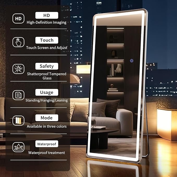 71"x26" LED Full Length Mirror – Standing Floor Mirror with Dimmable Lights 3 Color Modes – Adjustable Brightness, Wall-Mount or Lean for Barber, Fitness Center, Dressing Room, Vanity