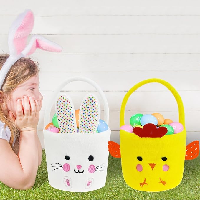 DearSun 2 Pcs Easter Basket Bunny & Chick Plush Baskets Dia 8" * H 15.7", Easter Egg Hunting Basket for Kids Gifts Party Decoration Supplies