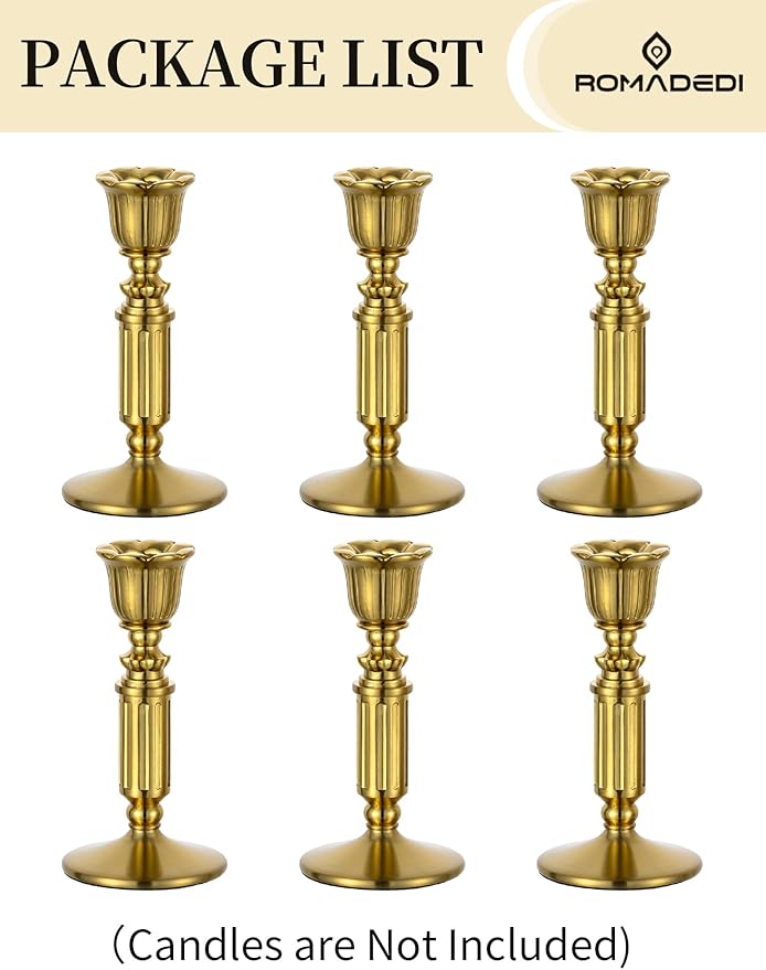 Gold Candle Holders Vintage Decor - Romadedi Solid Brass Candlestick Taper Holder for Wedding Christmas Table Centerpiece Mantel Home Decoration 5.5 Inch Set of 6