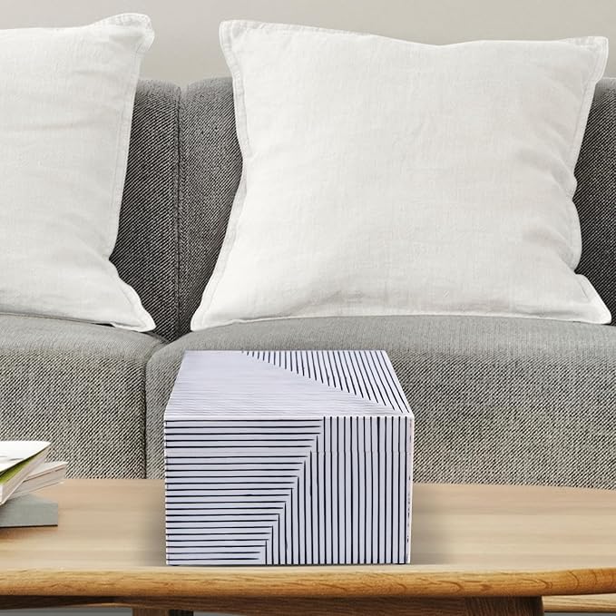 Handicrafts Home Large Decorative Storage Box with Lid – Black White Coffee Table Storage Box, Geometric Stripe Keepsake Box for Living Room, Shelf & Console Decor – Illusion Stripe, 12 x 8 x 5.5