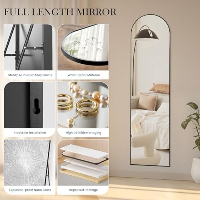 NEWBULIG Full Length Mirror, Full Body Floor Mirror with Aluminum Alloy Thin Frame, Wall or Standing Mirror for Bedroom, Living Room, Dressing Room