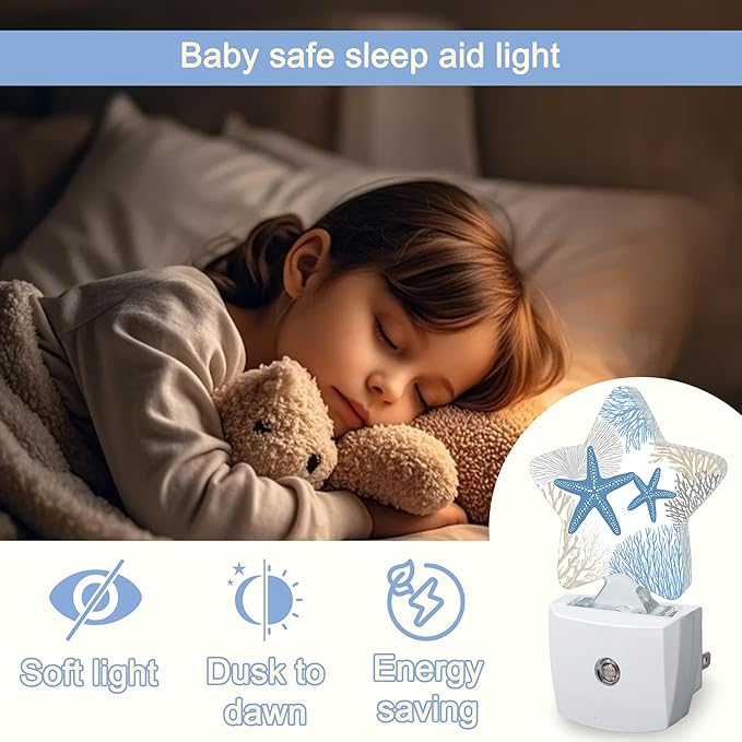 Ocean Starfish Coral Night Light,Coastal Beach Plug-in Star Night Lights with Dusk-to-Dawn Sensor for Bedroom,Bathroom,Living Room Sleep Friendly Lamp for Women Girls Boys Gift,0.5W