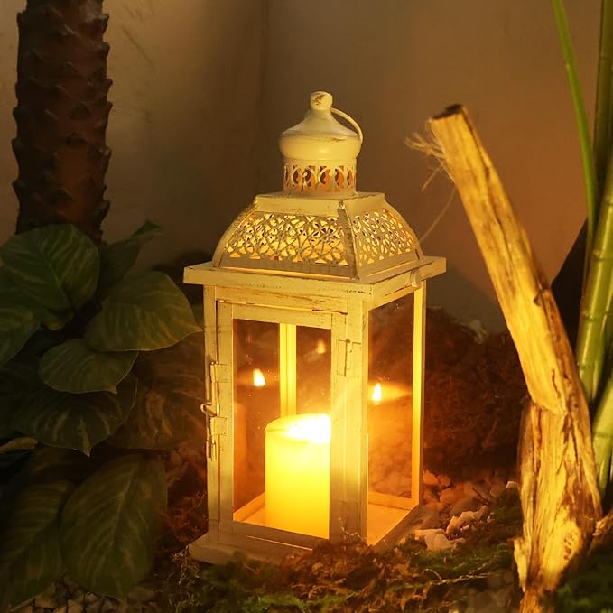 DECORKEY Lantern Decorative Indoor&Outdoor, 14.4'' Large Metal Candle Lanterns, Vintage Hanging Candle Holders Farmhouse Shelf Wedding Front Porch Patio Decor, Christmas Halloween Decorations for Home