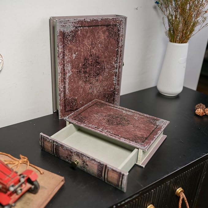 Book Storage Box with Drawer, Distressed Reddish Brown Faux Leather Cover with Classic Damask Pattern, Hidden Vintage-Style Organizer for Jewelry or Keepsakes, 11.8″ x 8.7″ x 2.4″