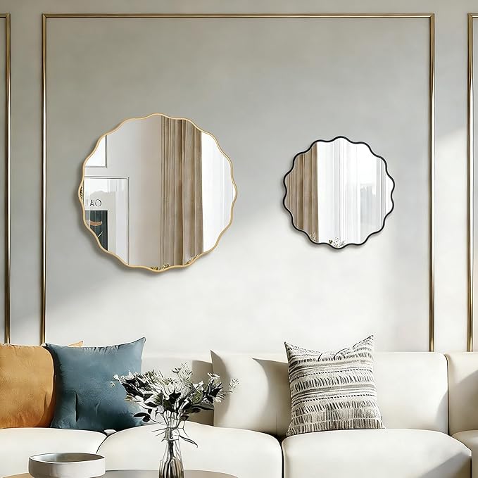 Round Wavy Black Mirror 17" Wall Decorative Mirror Wood Frame Circle Modern Mirror Bathroom Vanity Mirror for Bathroom Entryway Living Room Bedroom Hallway
