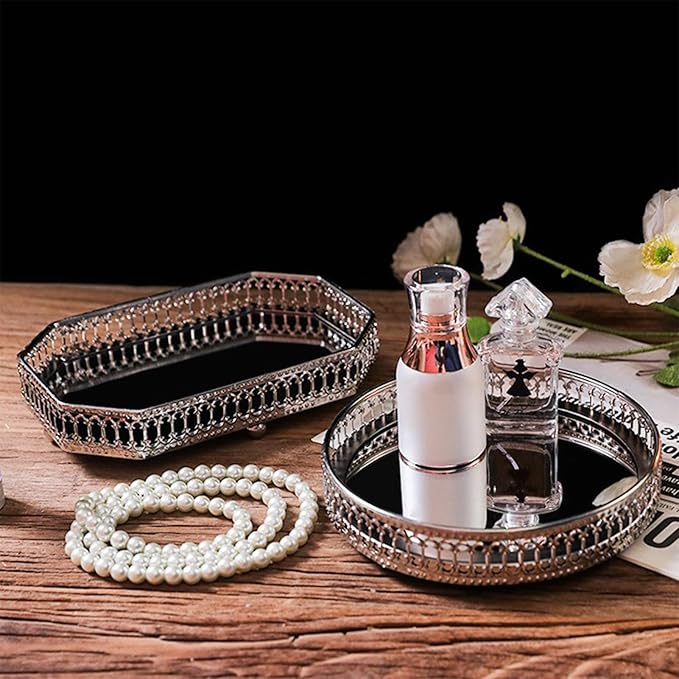 Mirror Tray, Makeup Decorative Storage Mirror Tray, Gold Or Silver Glass Mirror Crystal Vanity Tray, Antique Mirror Serving Tray Round Ornate Jewelry Trinket Organizer Tray for Home Decor(#2)
