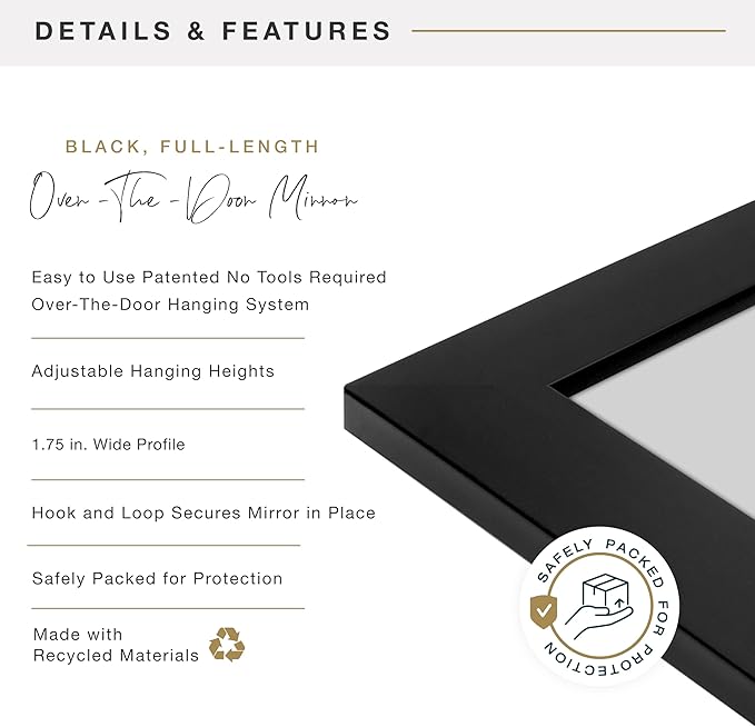 MCS 14.7x50.7 Black Over The Door Mirror, Full Length Hanging Mirror for Bedroom & Bathroom Doors, Lightweight Design with Patented No Tools Required Hanging System