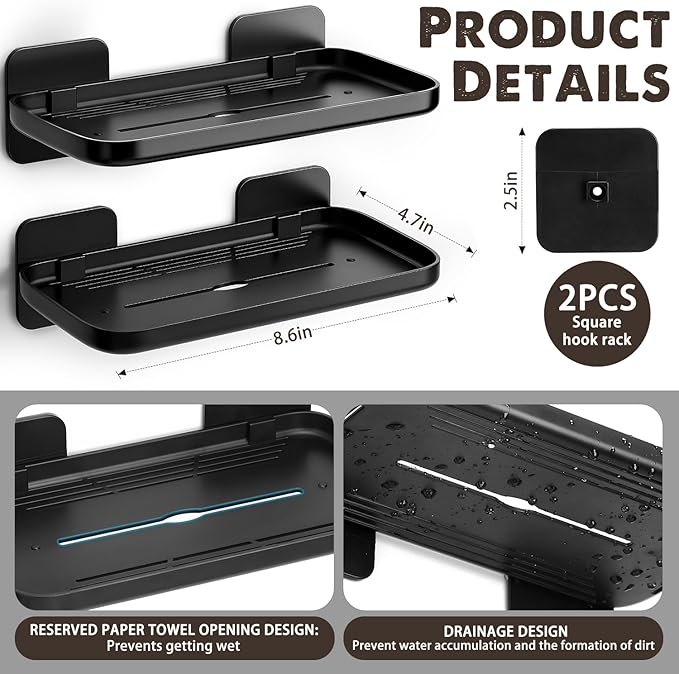 HINIHAO 2pc Wall Mounted Floating Shelf, Self Adhesive Small Shelf, No Drill Shelves for Wall, Floating Shelves Damage-Free Expand Walls Space for Living Room Kitchen Bathroom (Black)