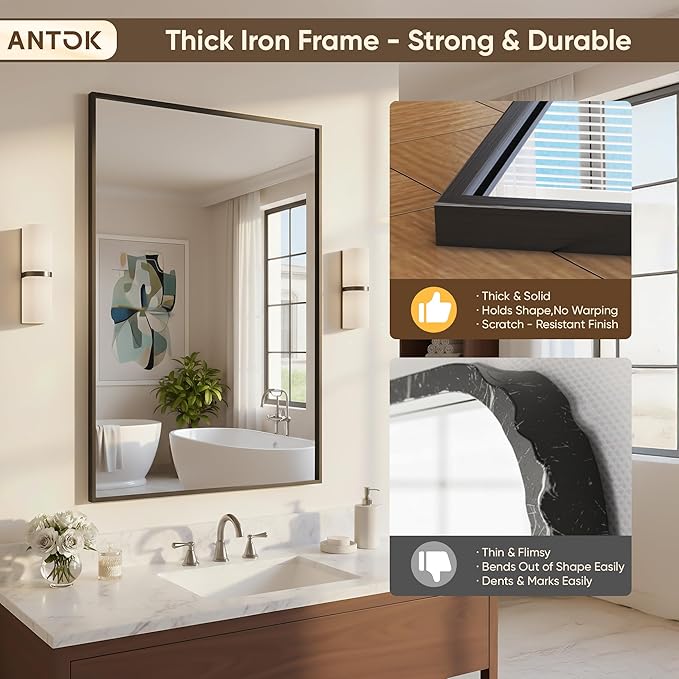 Antok 30x36 Black Metal Framed Bathroom Mirror, Wall Mirror with Rect Corners, Vanity Mirror for Over Sink, Anti-Rust Tempered Glass, Horizontal/Vertical Hanging for Bathroom, Living Room, Entryway