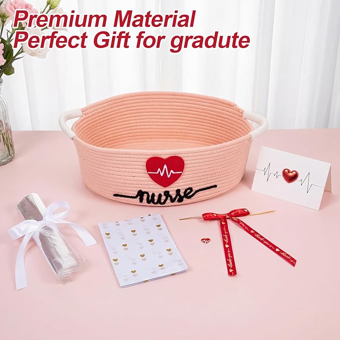 Colingmill 2026 Graduations & Nurses Week Gift Basket Empty to Fill, Woven Rope Basket 15" x 11" x 6" Decorative Storage Baskets with Gift Bag, Bow, Tissue Paper & Year Charm(Pink)