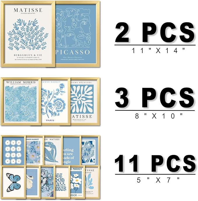ANERZA 16 PCS Framed Blue Wall Art Decor, Matisse Wall Prints for Bedroom, Gallery Wall Frame Set, Minimalist Posters for Living Room Aesthetic, Collage Kit, Teen Girls Dorm Home Artwork