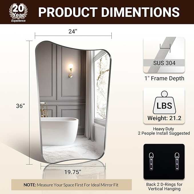 ANDY STAR Brushed Nickel Bathroom Mirror, 24x36 Inch Scalloped Mirror for Bathroom, Modern Irregular Shaped Mirror with Rust-Proof Stainless Steel Thin Frame, Ideal for Bathroom Remodel