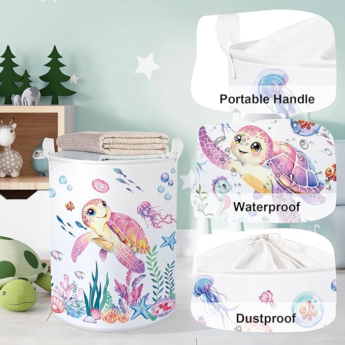 Ocean Animals Baby Laundry Hamper Collapsible Clothes Kids Storage Basket Large Boys Girls Gift Toy Box Bin for Nursery Room, Sea Turtle, 63L