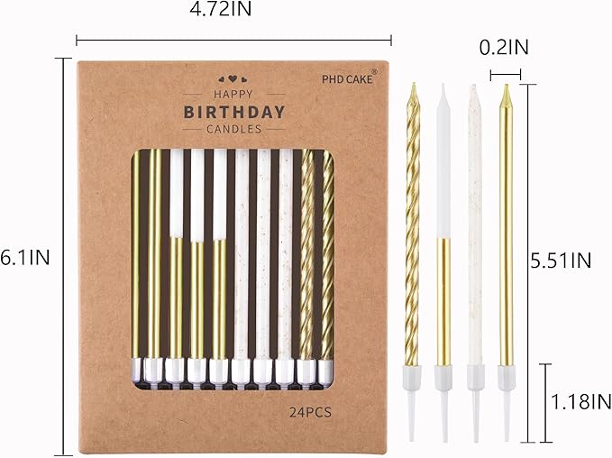 PHD CAKE Gold Metallic Long Thin Metallic Birthday Candles, Cake Candles, Party Candles, Party Decorations, Wedding Candles