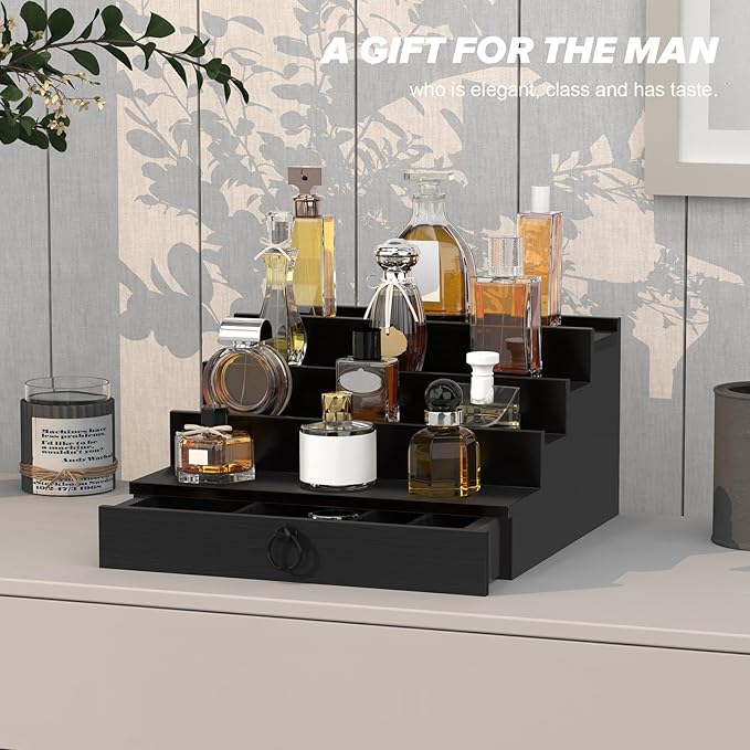 upcessory Cologne Organizer for Men, 4 Tier Perfume Stand, Cologne Shelf with Drawer and Hidden Compartment Perfume Display Holder, A Gift for Men