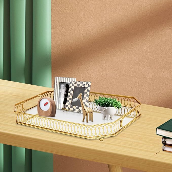 Gold Decorative Rectangular Desktop Tray, Perfume and Makeup Organizer with Handles for Dresser, Older Organizer for Women Dresser & Bathroom Countertop