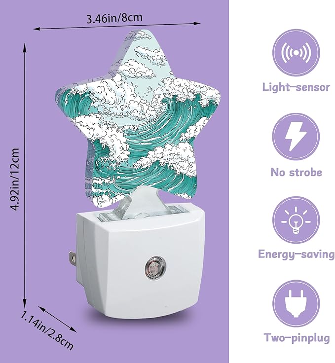 Japanese Wave Art Decorative Nightlight Plug in Wall,Classic Ocean Star Shaped Night Light with Built in Sensor for Home Decor,Kitchen Hallway Stairs Desk Lamp
