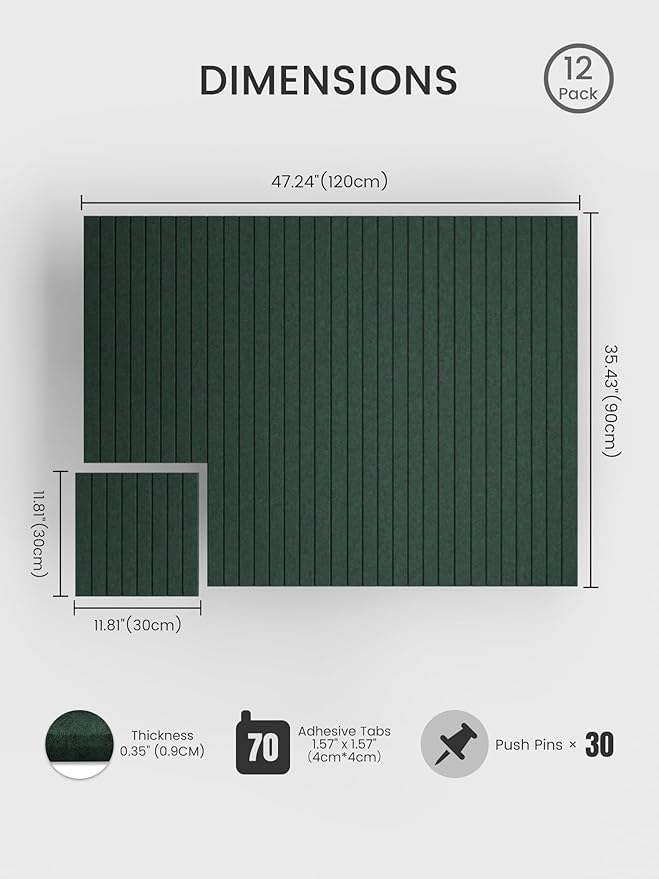 Bumusty Large Cork Board Alternative-48 x 36" Felt Bulletin Board Tiles, with 30 Pushpins, 70 Adhesive Tabs, Fine-Stripe 12-Pack, Cork Boards for Office Push Pin Board Felt Board-Pine Green