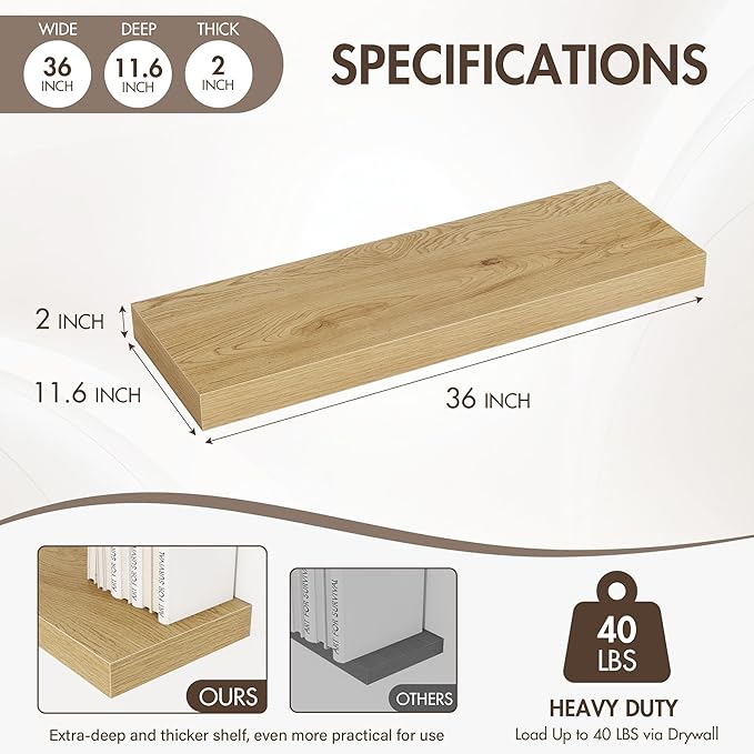 Acovy 36 Inch Floating Shelves, 12" Deep Floating Shelf Wall Mounted, 36" Wall Shelves, Rustic Deep Bookshelf, Extra Deeper & Thicker Display Shelves for Bedroom, Living Room, Oak, Set of 2