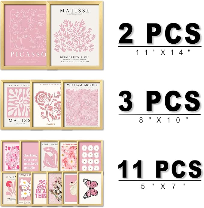 ANERZA 16 PCS Framed Pink Wall Art Decor, Matisse Wall Prints for Bedroom, Gallery Wall Frame Set, Minimalist Posters for Living Room Aesthetic, Collage Kit, Teen Girls Dorm Home Artwork