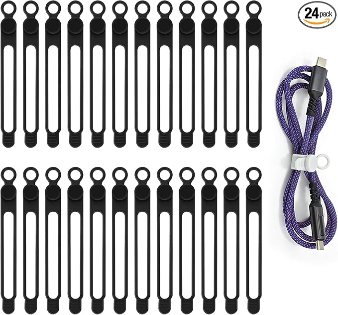 Silicone Cord Ties Reusable Cord Organizer for Charging Cables, Electrical Cords, Computer Wires, USB Data Cable Management(24Pcs, Black)