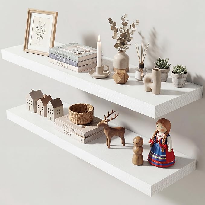Dreamland 36 Inches Floating Shelves for Wall, 9.3" Deep Long Floating Shelves Set of 2, Large Display & Storage Shelf, Wall Shelf for Bathroom Bedroom Living Room Kitchen Office, White