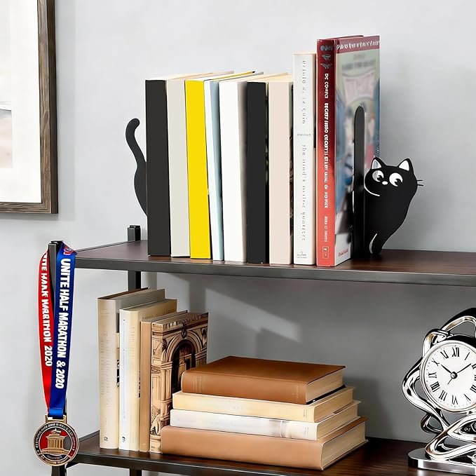 BEISE Book Ends Gifts for Cat Lovers, Decorative Metal Cat Bookends for Bookshelf & Desk, Cute Black Kittens CD Book Holder, Kitchen Organizer for Shelf, Home Office Decor, Unique Book Lover Gift