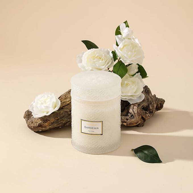 Gardenia Candle - White Floral Fragrance | 19 oz Large Soy Wax Candle in Embossed Glass Jar | Long Lasting Decorative Candle for Home Decor Gift for Women