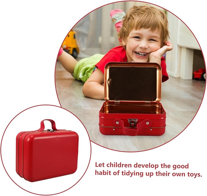 UKCOCO Vintage Mini Suitcase Storage Box with Handle Multipurpose Organizer for Makeup Electronics Tools Portable Red Tinplate Case for Travel Home and Party Decoration