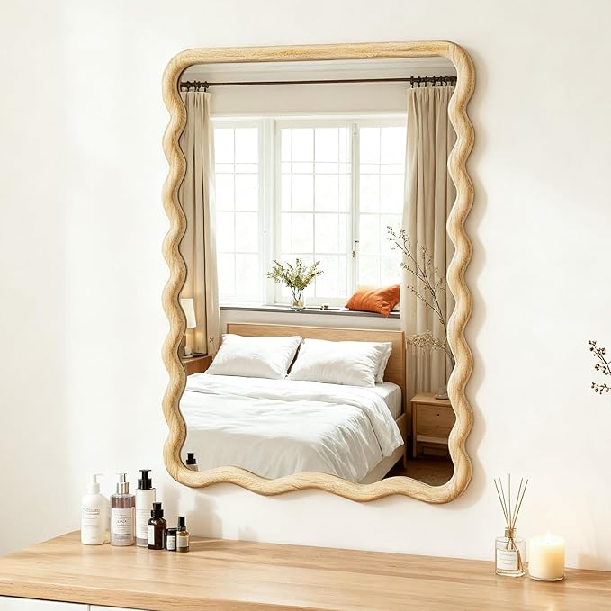 Wavy Mirror for Wall, 36"x24" Boho Bathroom Floor Vanity Mirror with Wooden Frame, for Bedroom, Living Room, Entryway, Farmhouse