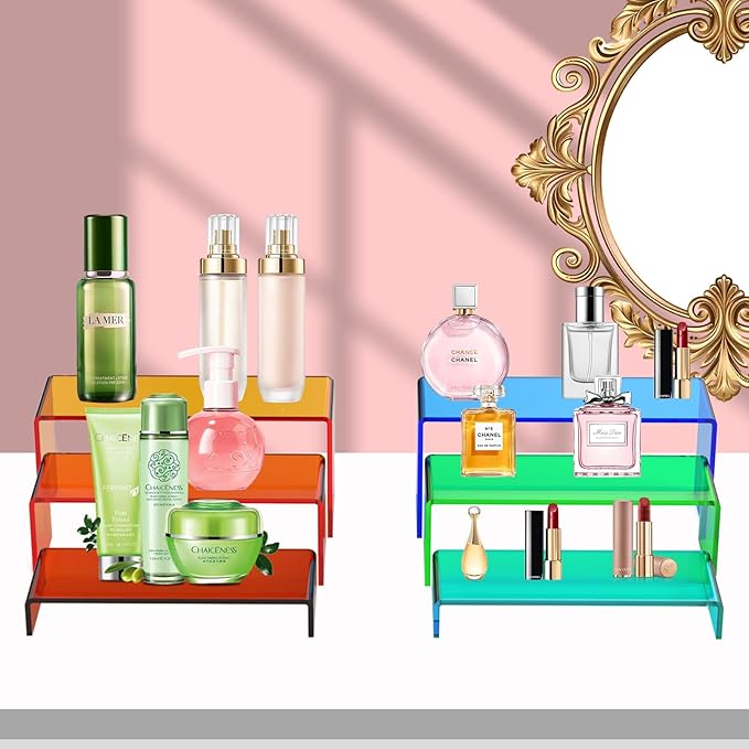 6 PCs Risers Display Stands 3 Tiers Desktop Acrylic Shelves Cake Dessert Holder Products Stand for Collectibles Shoes Jewels Pop Figure (Mix Colors)