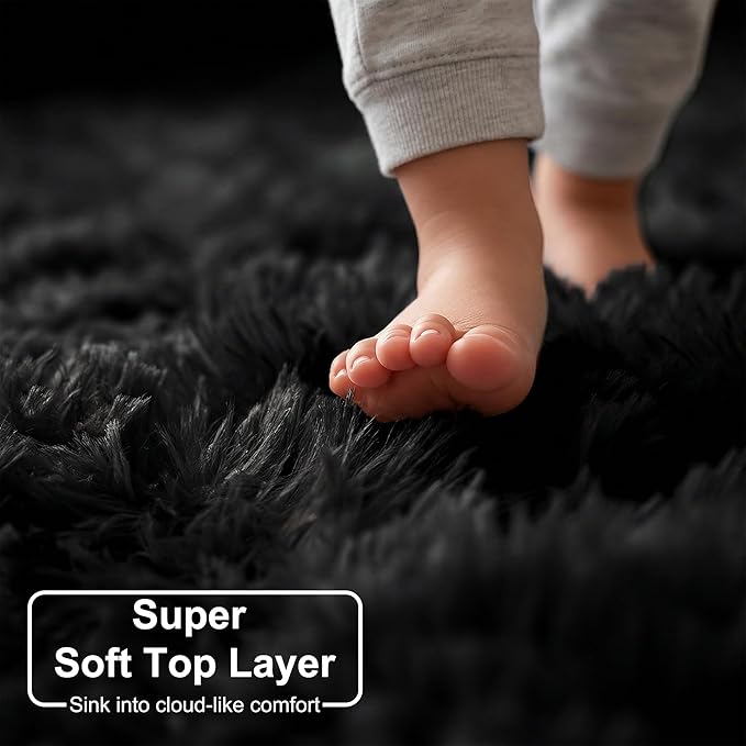 8x10 Black Rug for Living Room Bedroom, Large Big Fluffy Modern Area Rugs for Kids Room Decor Aesthetic, Shaggy Furry Floor Carpet for Dorm Office Playroom Nursery Classroom, Baby Teen Boys Men Rug