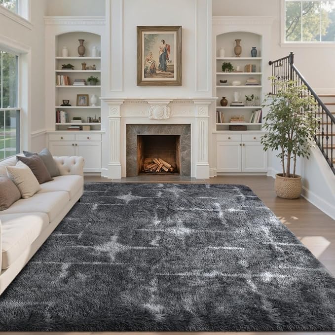 5x7 Ft Area Rugs for Living Room, Grey Plush Fluffy Shaggy Bedroom Rugs Non-Slip, Ultra Soft Carpet for Nursery Kids PlayRoom Dorm Office Indoor