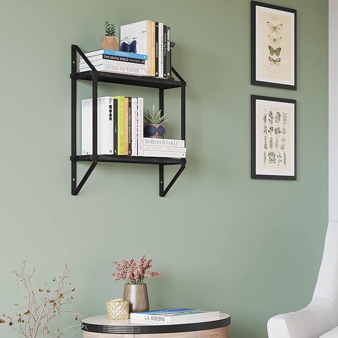 Wallniture Ponza Floating Shelves for Wall, Bathroom Organizer, 2 Tier Bookshelf Living Room, Kitchen Organization Black Wall Shelves for Office Decor