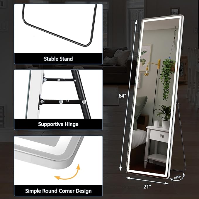 Mirror Full Length, Upgraded Body Wall Mirrors with Shatter-Proof Glass, Floor Standing, Hanging or Leaning, Tall Mirror with Stand Aluminum Alloy Frame for Bedroom