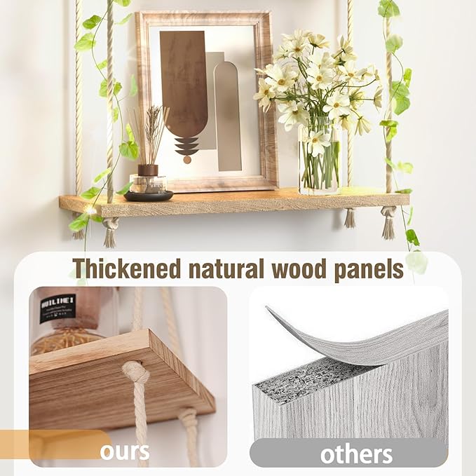 3 Tier Hanging Wall Shelves, Boho Rope Hanging Plant Stand with LED Vine Lights, Rustic Wood Floating Shelves Organizer for Bedroom Kitchen Living Room Wall Decor (Three-Tier Rope Rack)