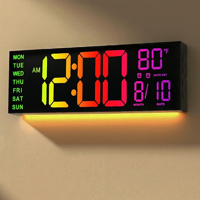 JALL 16.1" Large Digital Wall Mount Clock, Count Down Timer, Alarm, Big LED, RGB Color, DST, Temperature for Living Room Classroom Desk, Wall, Xmas, Birthday Gift for Senior Mom Dad, Rainbow