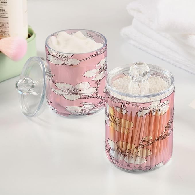 Nander 2Pack Beautiful Cherry Blossoms Qtip Holder Dispenser -Clear Plastic Apothecary Jars Set - Restroom Bathroom Makeup Organizers Containers for Cotton Swab, Ball, Pads, Floss