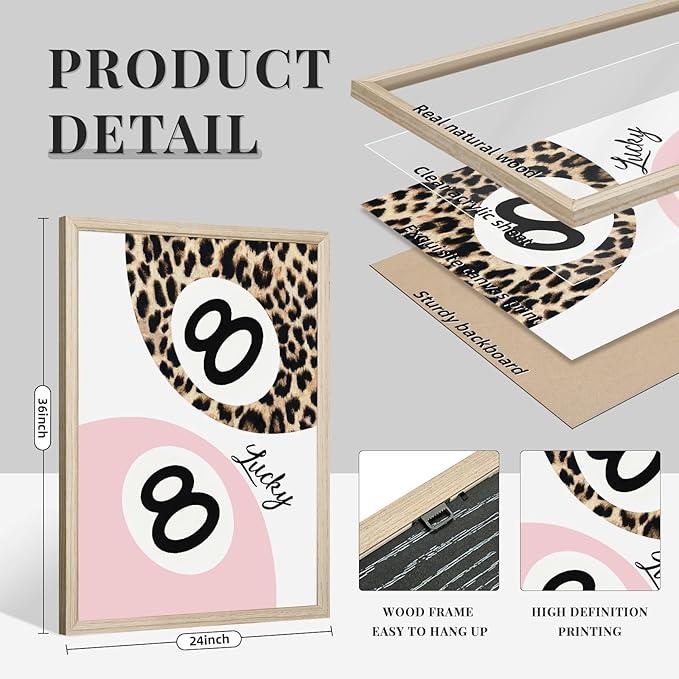 Trendy Leopard Wall Art Cheetah Print Canvas Wall Decor 8 Ball Poster Preppy Room Aesthetic Pictures Funky Coquette Vintage Prints Y2k Fashion Lucky Posters for Bedroom 24x36x3 Inch Framed