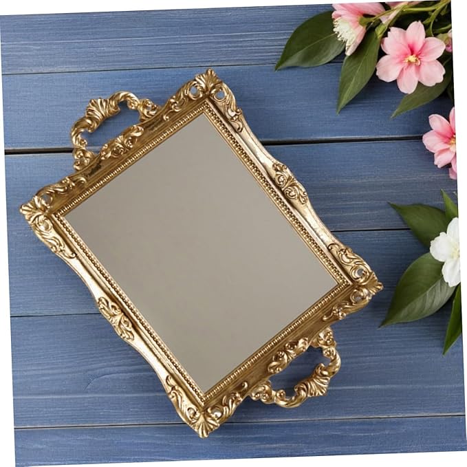 NUOBESTY Vintage Carved Mirror Tray Resin Decorative Plate Nordic Style Wedding Storage Tray Golden Retro Makeup Organizer for Bedroom Vanity Home Decor