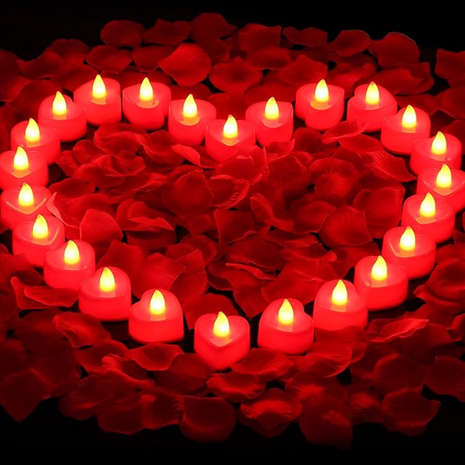 Cridoz Rose Petals for Romantic Night - Artificial Red Rose Petals with LED Candles for Decoration, Wedding, Valentine's Day