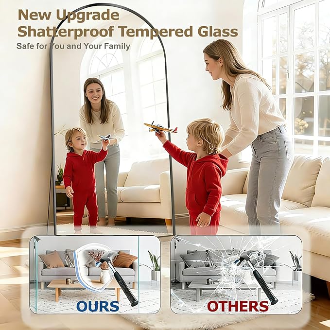 DMWOODFL 71"x26" Arched Full-Length Mirror with Explosion-Proof HD Glass - Oversized Floor or Wall-Mounted Full Body Mirror for Bedroom, Living Room, and Cloakroom (Black)