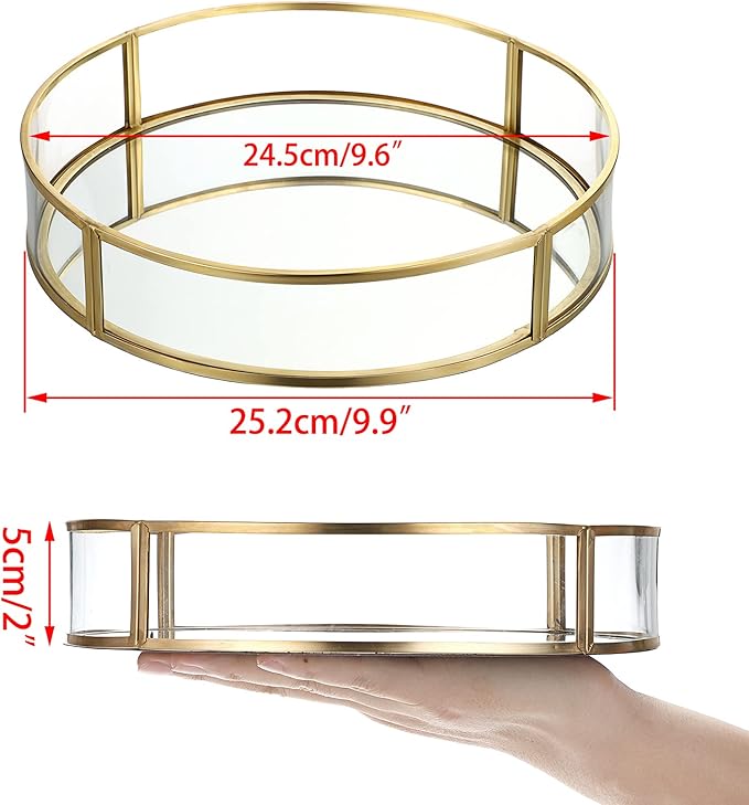 ELLDOO Gold Round Glass Decorative Tray, 9.9inch Metal Mirrored Jewelry Tray, Makeup Perfume Organizer for Bathroom Sink Vanity Dresser