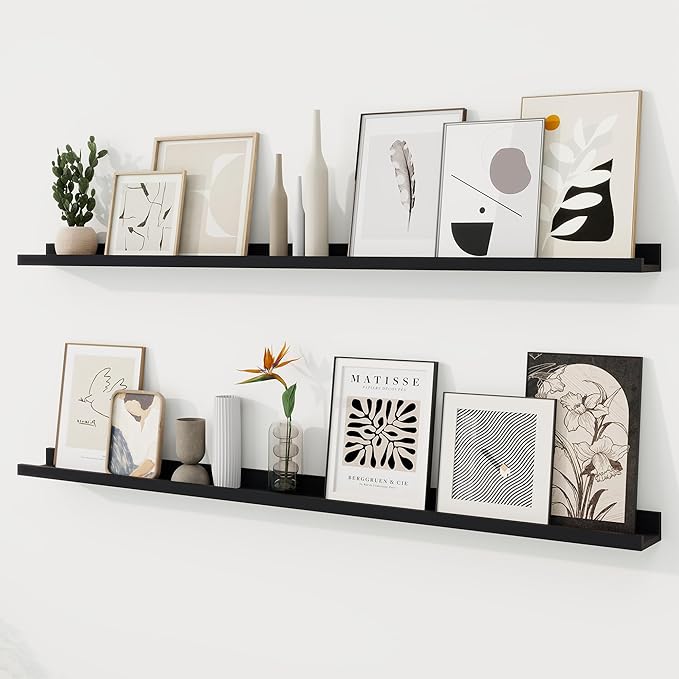RICHFOCUS Picture Ledge Shelf, 55 inch Floating Shelves Set of 2, Wood Wall Shelves with Lip, Wall Decor Storage for Bedroom Living Room Bathroom Kitchen Nursery Photo Picture, Black