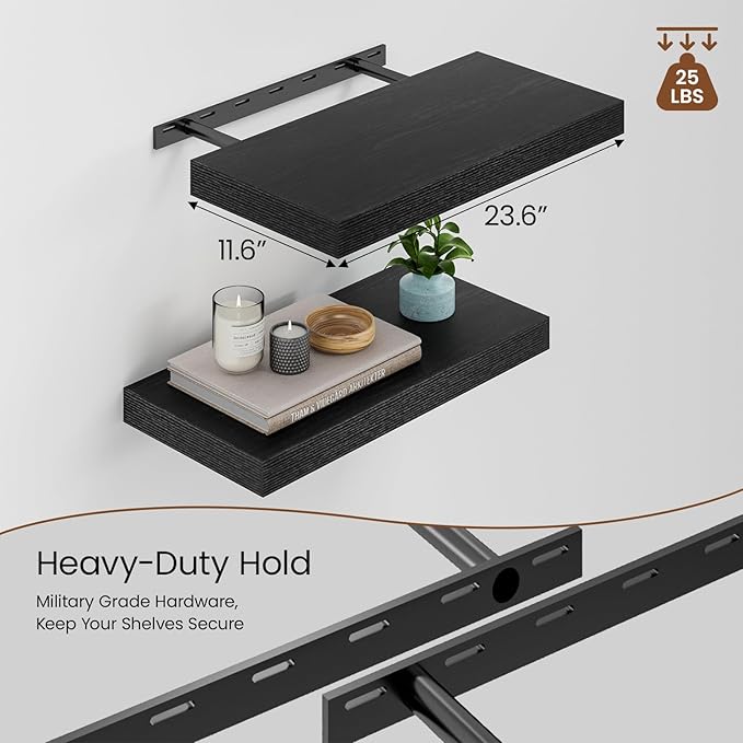 Heimlove 12inch Deep Floating Shelves for Wall, Mounted Shelves 24" W x 12" D x 1.5" H, wall Shelf for Bedroom Living Room Bathroom Kitchen Home Office, Set of 1, Black